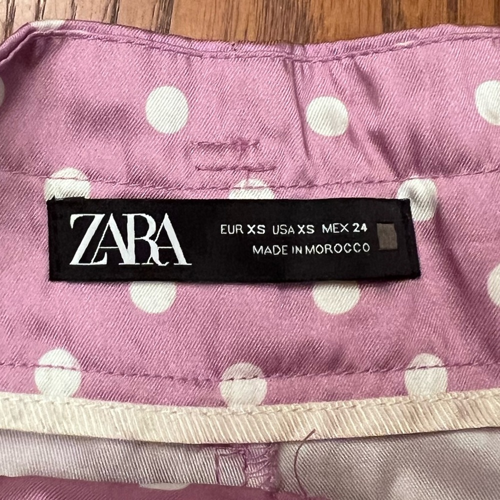 ZARA Lilac & White Polka Dot High Waisted Flowy Satin Belted Paperbag Shorts XS - Picture 16 of 16